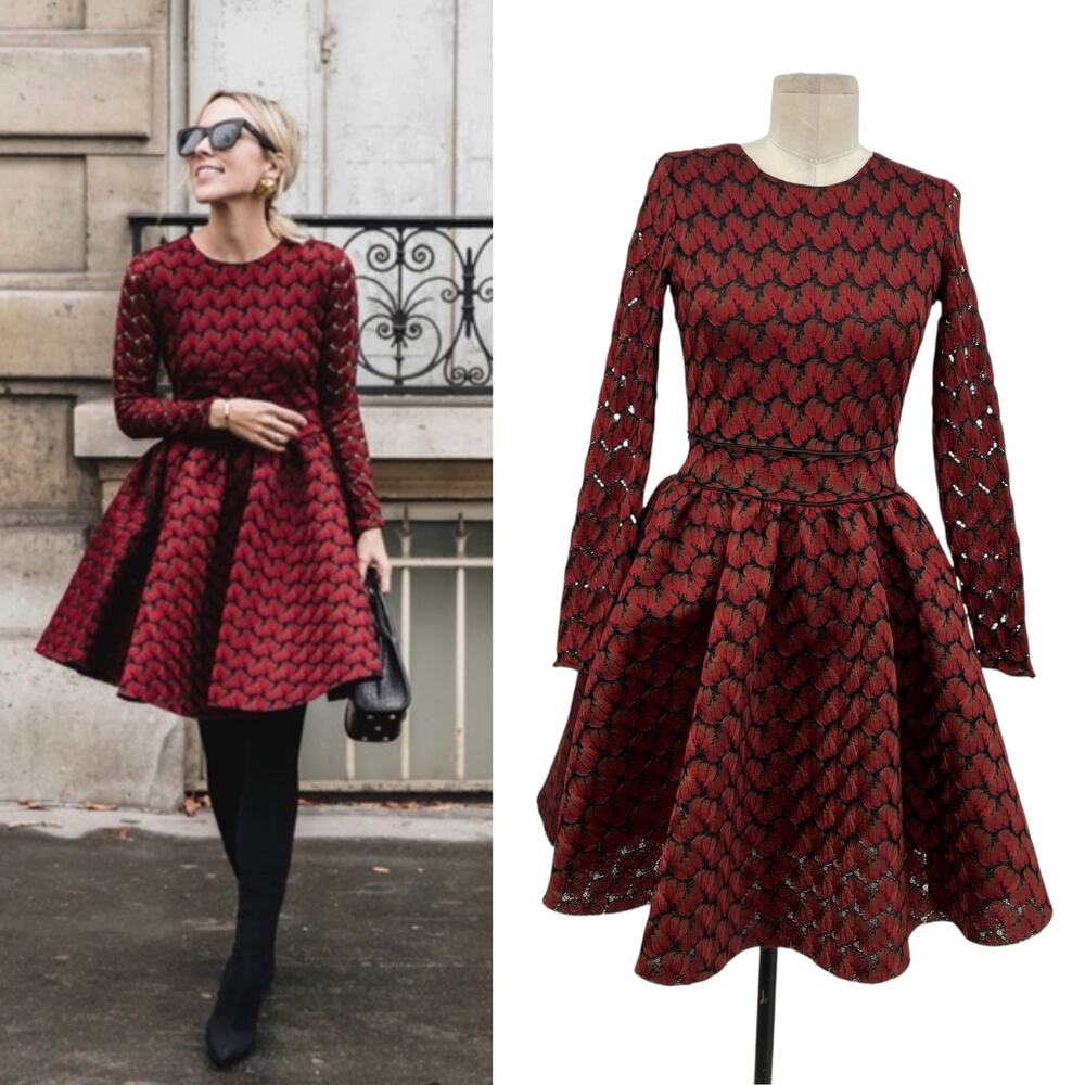 Maje Royani Jacquard Dress Fit & Flare Long Sleeve Red Black Size 1 US Small